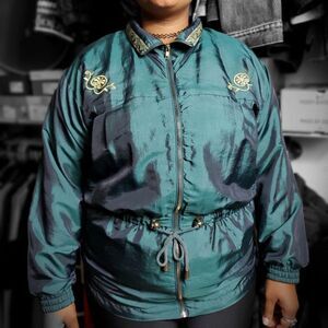 Vintage 80s Lavon Windbreaker Jacket - Women's Large - Dark Green/Gold